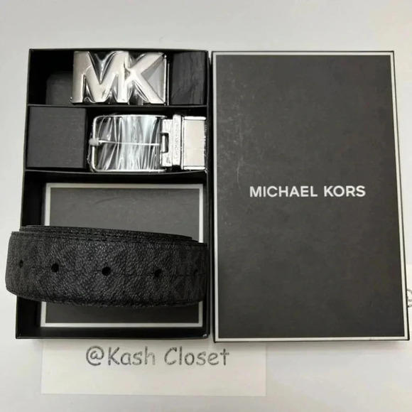 Michael Kors Mens Belt Set 4 in 1 Reversible MK Signature Gift Box Black - Picture 1 of 7